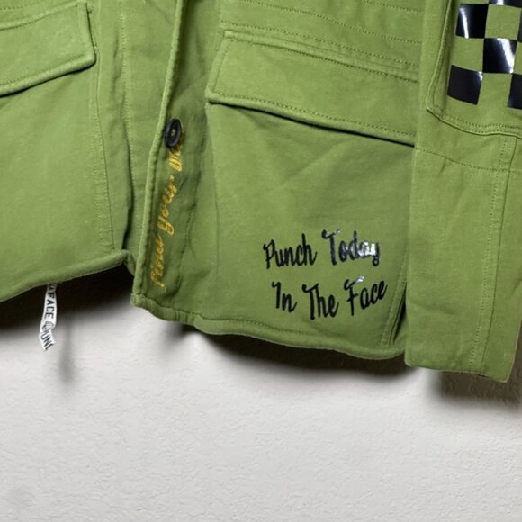 Attic Salt Military Graphic Jacket Army L Punch Today In The Face Green - Picture 11 of 14